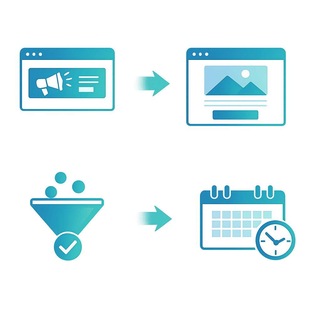 Clean minimalist illustration of a digital sales funnel with stages ad landing page qualified lead booked appointment Bluegreen gradient white back-3 Clean minimalist illustration of a digital sales funnel with stages ad landing page qualified lead booked appointment Bluegreen gradient white back-3