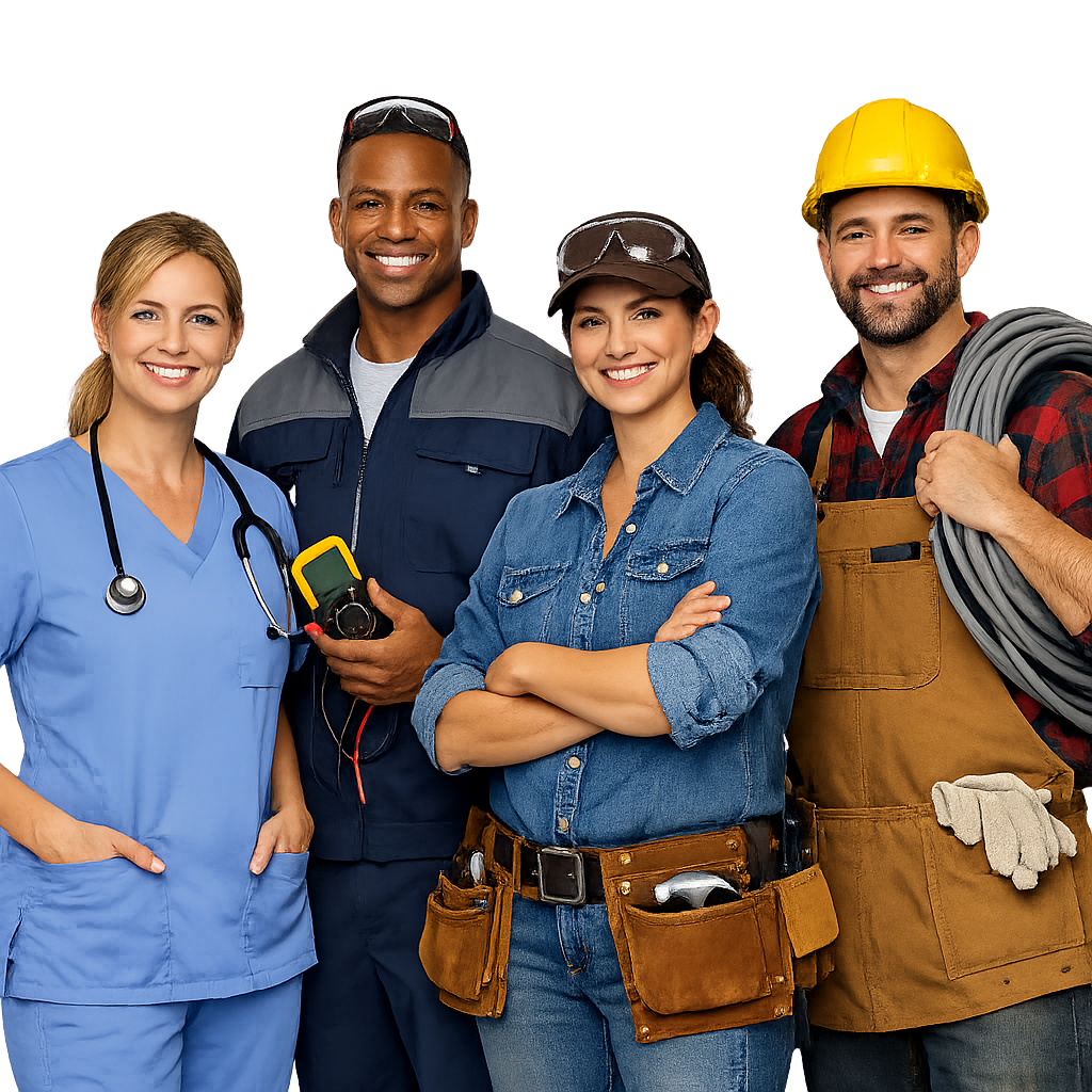 Professional warm photograph style illustration of diverse skilled workers in healthcare and bluecollar trades nurse technician craftsperson Clean wh-2 Professional warm photograph style illustration of diverse skilled workers in healthcare and bluecollar trades nurse technician craftsperson Clean wh-2
